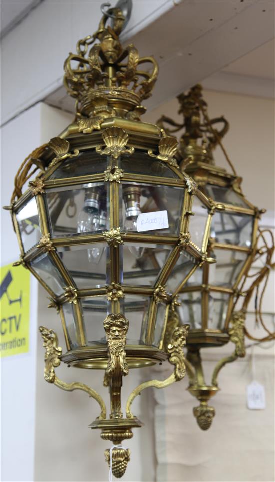 Two Louis XIV style ormolu and glass hall lanterns, 11 x 28in. & 14 x 31in.